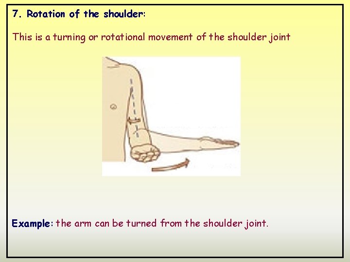 7. Rotation of the shoulder: This is a turning or rotational movement of the
