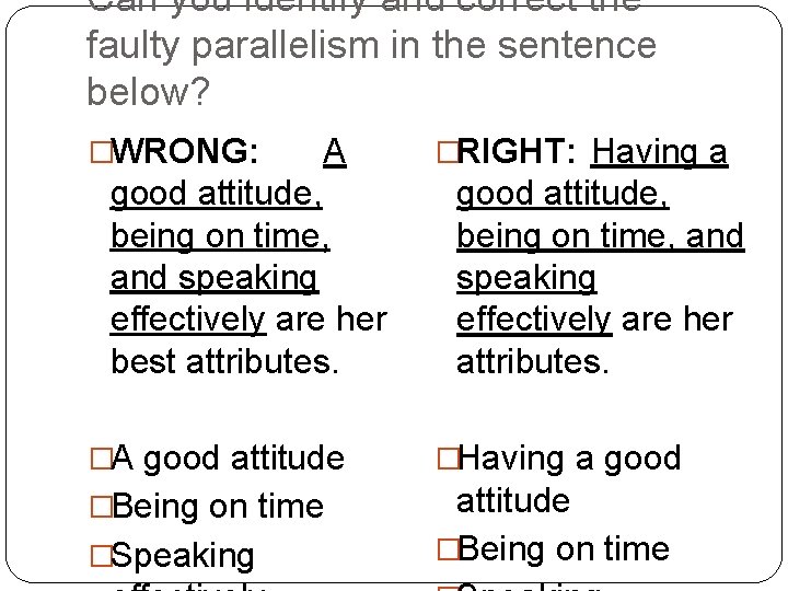 Can you identify and correct the faulty parallelism in the sentence below? �WRONG: A