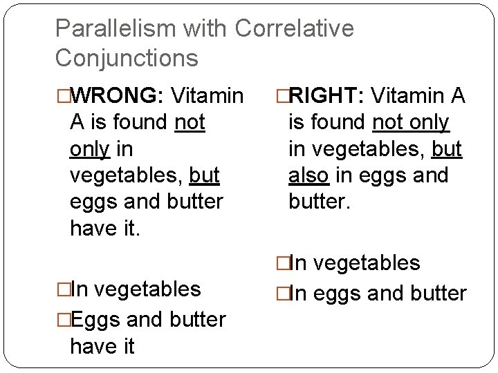 Parallelism with Correlative Conjunctions �WRONG: Vitamin �RIGHT: Vitamin A A is found not only