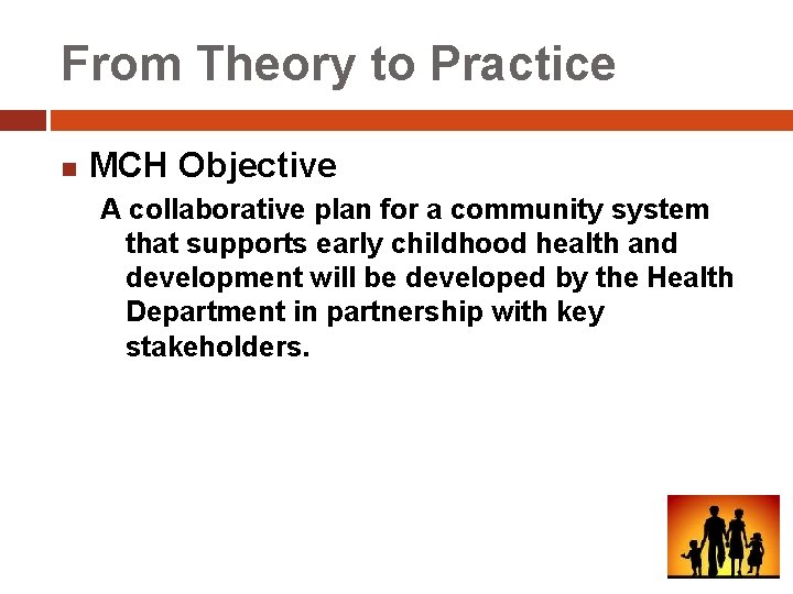 From Theory to Practice n MCH Objective A collaborative plan for a community system