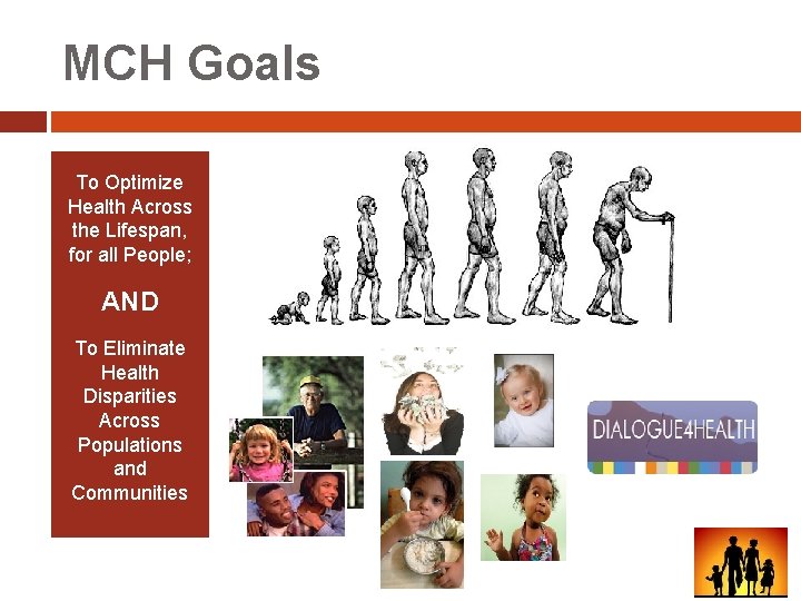 MCH Goals To Optimize Health Across the Lifespan, for all People; AND To Eliminate