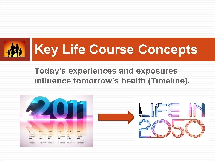 Key Life Course Concepts Today’s experiences and exposures influence tomorrow’s health (Timeline). 