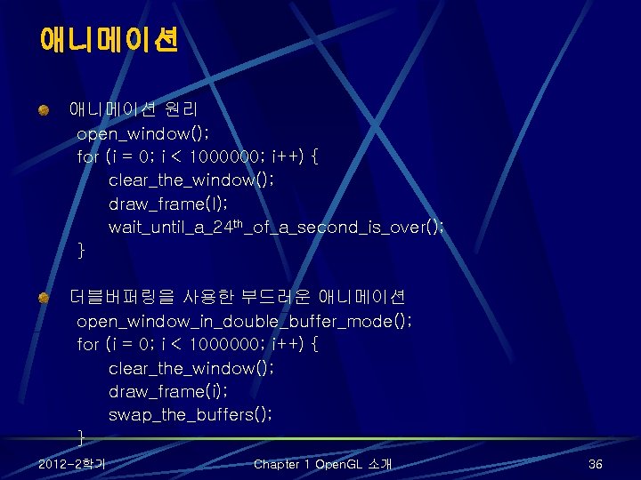 애니메이션 원리 open_window(); for (i = 0; i < 1000000; i++) { clear_the_window(); draw_frame(I);