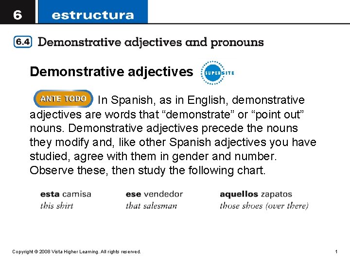 Demonstrative adjectives In Spanish, as in English, demonstrative adjectives are words that “demonstrate” or