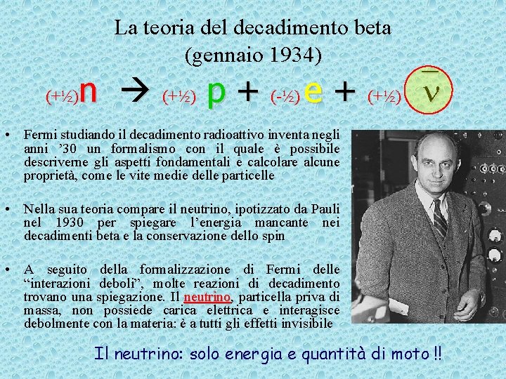 La teoria del decadimento beta (gennaio 1934) n (+½) p + (-½) e +