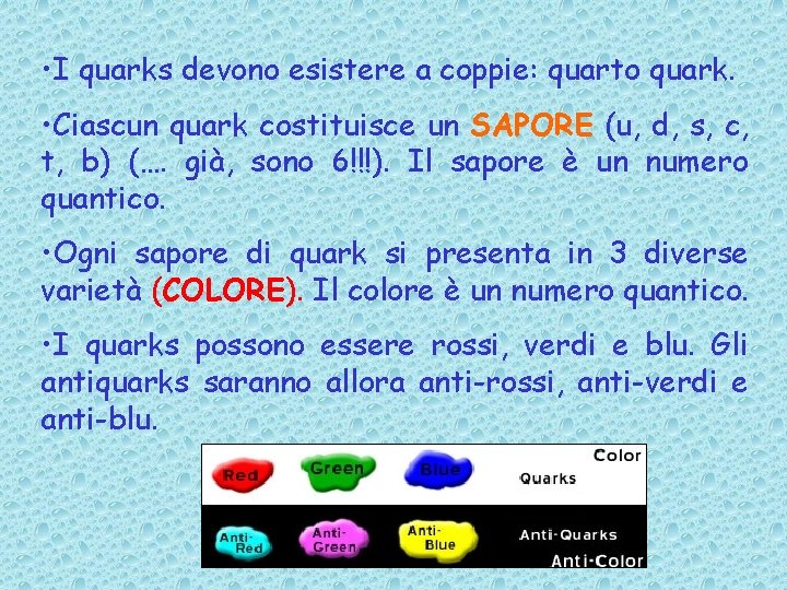  • I quarks devono esistere a coppie: quarto quark. • Ciascun quark costituisce