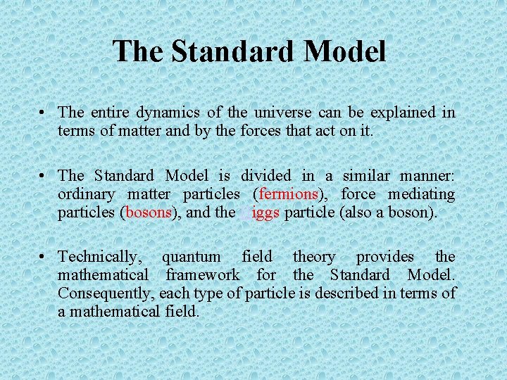 The Standard Model • The entire dynamics of the universe can be explained in