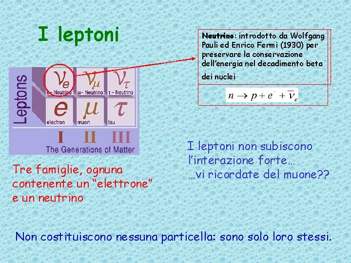 I leptoni Neutrino: introdotto da Wolfgang Pauli ed Enrico Fermi (1930) per preservare la