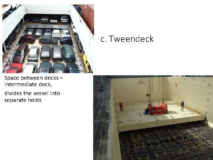 c. Tweendeck Space between decks – intermediate deck, divides the vessel into separate holds