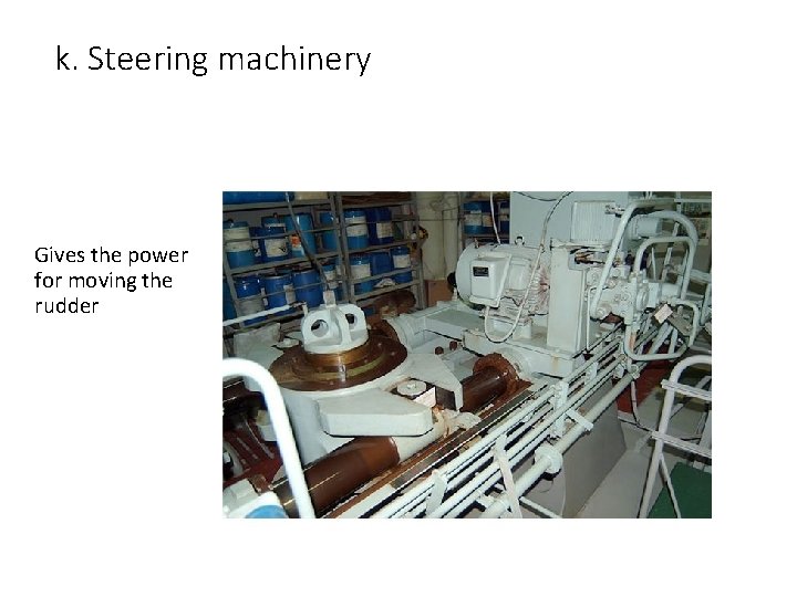 k. Steering machinery Gives the power for moving the rudder 