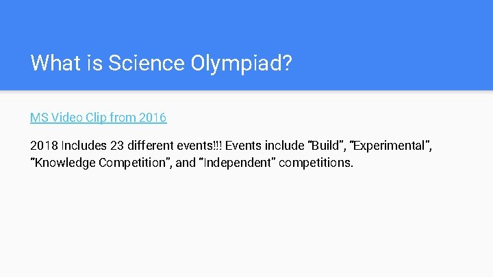 What is Science Olympiad? MS Video Clip from 2016 2018 Includes 23 different events!!!