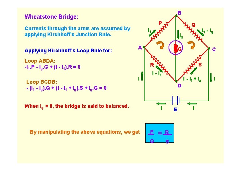 B Wheatstone Bridge: P Currents through the arms are assumed by applying Kirchhoff’s Junction