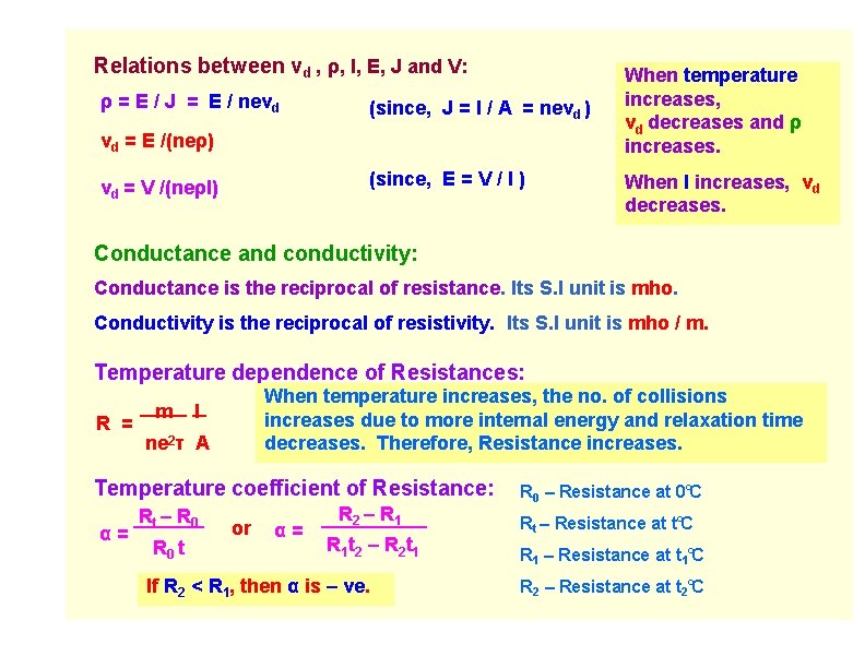 Relations between vd , ρ, l, E, J and V: ρ = E /