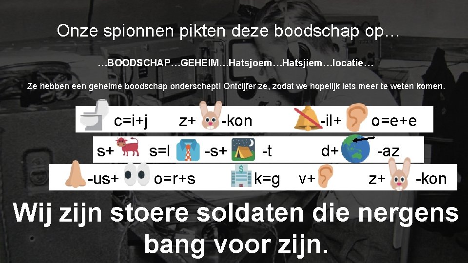 Onze spionnen pikten deze boodschap op… …BOODSCHAP…GEHEIM…Hatsjoem…Hatsjiem…locatie… Ze hebben een geheime boodschap onderschept! Ontcijfer