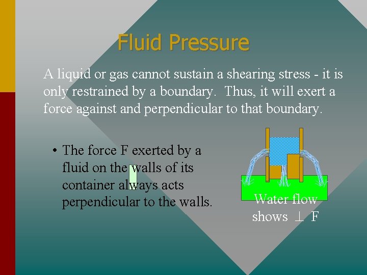 Fluid Pressure A liquid or gas cannot sustain a shearing stress - it is