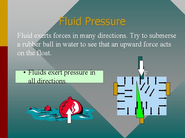 Fluid Pressure Fluid exerts forces in many directions. Try to submerse a rubber ball