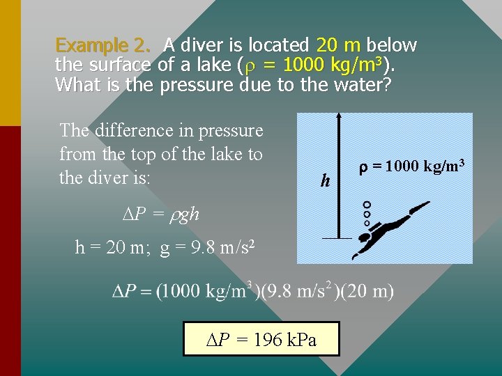 Example 2. A diver is located 20 m below the surface of a lake