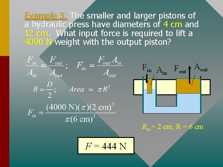 Example 3. The smaller and larger pistons of a hydraulic press have diameters of