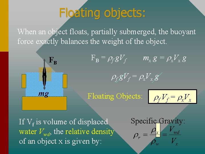 Floating objects: When an object floats, partially submerged, the buoyant force exactly balances the
