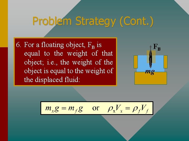 Problem Strategy (Cont. ) 6. For a floating object, FB is equal to the