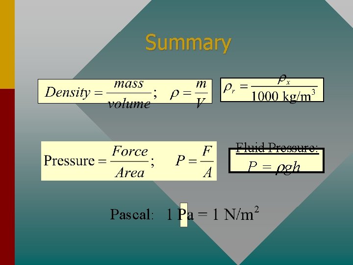 Summary Fluid Pressure: P = rgh Pascal: 