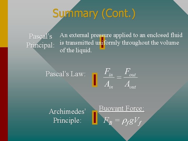 Summary (Cont. ) Pascal’s An external pressure applied to an enclosed fluid Principal: is
