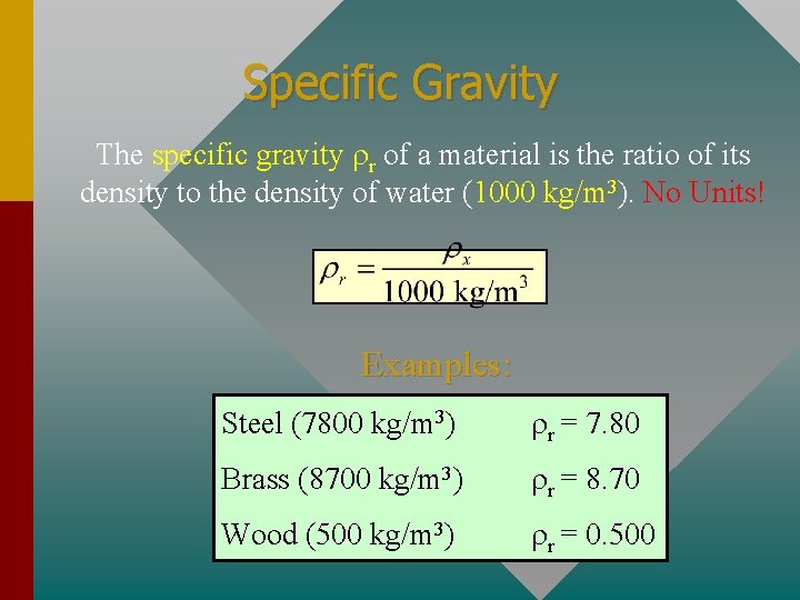 Specific Gravity The specific gravity rr of a material is the ratio of its