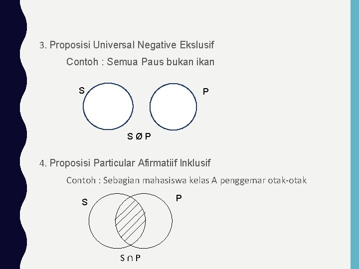 3. Proposisi Universal Negative Ekslusif Contoh : Semua Paus bukan ikan S P S