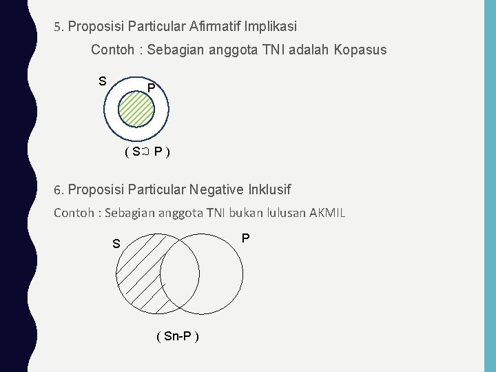 5. Proposisi Particular Afirmatif Implikasi Contoh : Sebagian anggota TNI adalah Kopasus S P