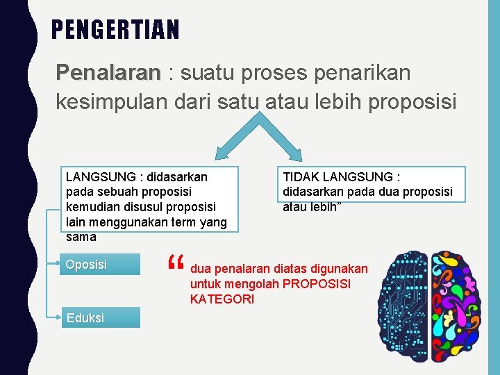 PENGERTIAN Penalaran : suatu proses penarikan Penalaran kesimpulan dari satu atau lebih proposisi LANGSUNG