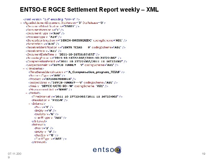 ENTSO-E RGCE Settlement Report weekly – XML 07. 11. 200 9 19 ENTSO-E RGCE Settlement Report weekly – XML 07. 11. 200 9 19