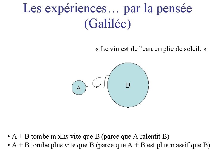 Les expériences… par la pensée (Galilée) « Le vin est de l'eau emplie de