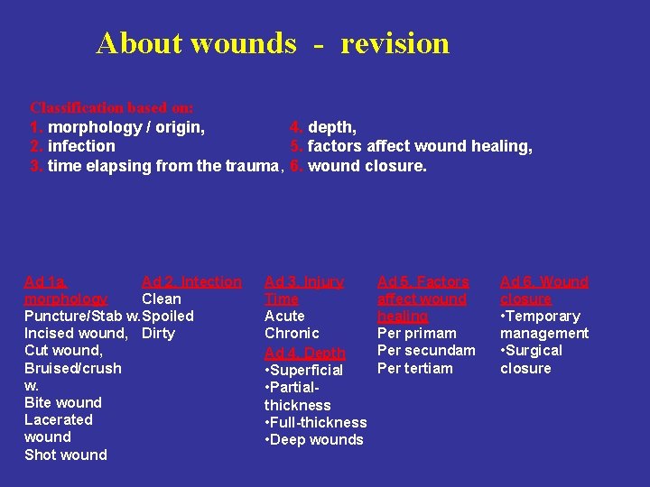 About wounds - revision Classification based on: 1. morphology / origin, 4. depth, 2.