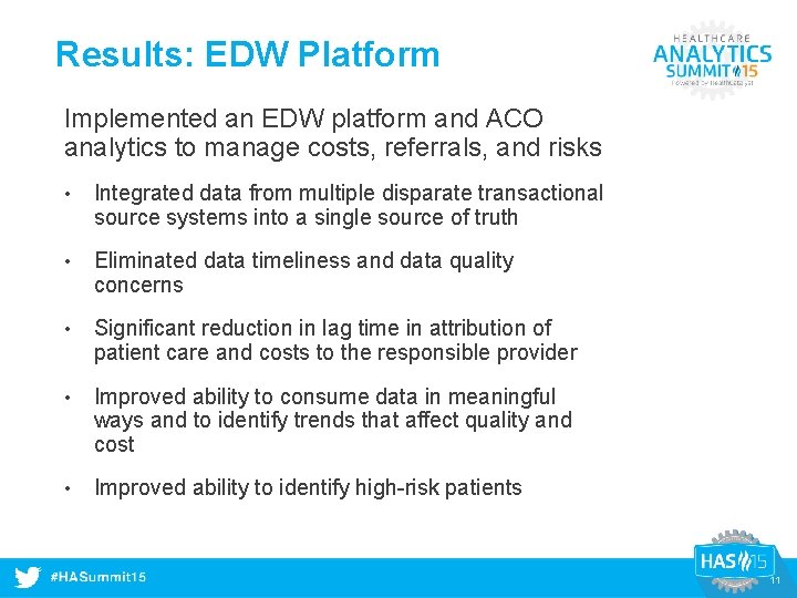 Results: EDW Platform Implemented an EDW platform and ACO analytics to manage costs, referrals,