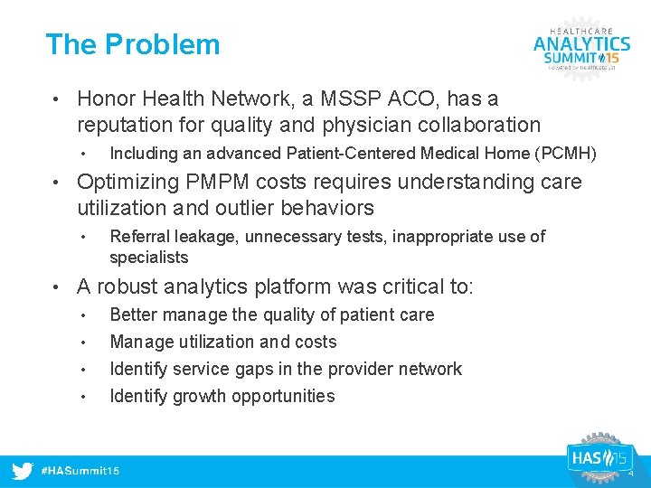 The Problem • Honor Health Network, a MSSP ACO, has a reputation for quality