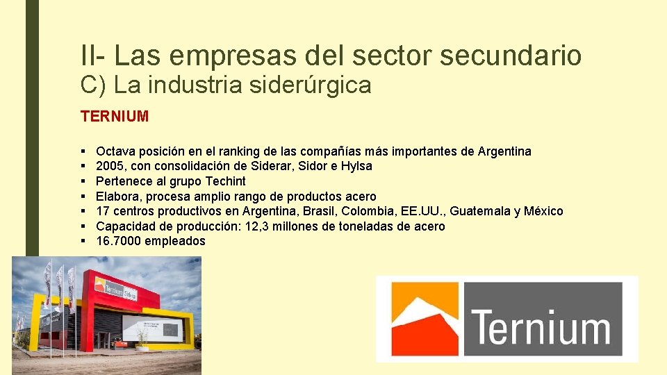 II- Las empresas del sector secundario C) La industria siderúrgica TERNIUM § § §