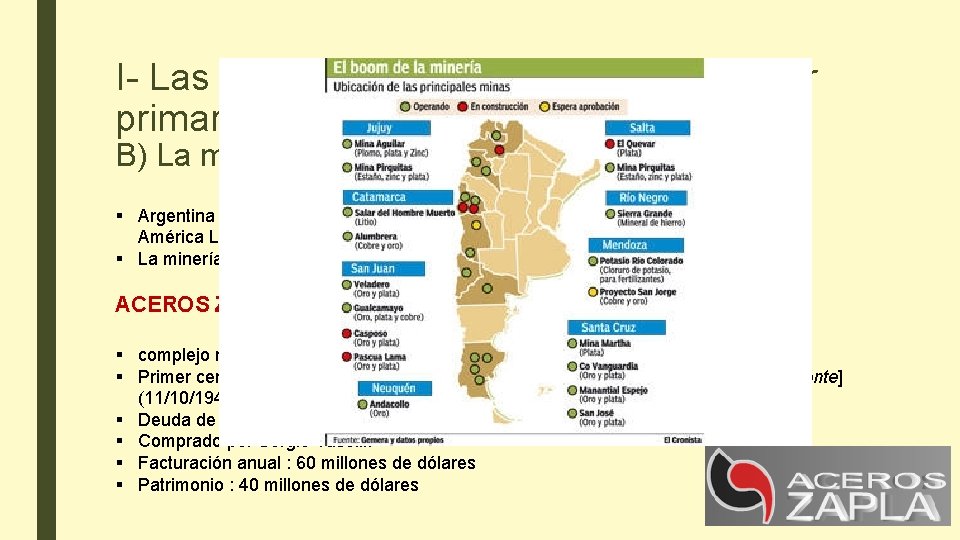 I- Las empresas y cooperativas del sector primario B) La minería § Argentina es