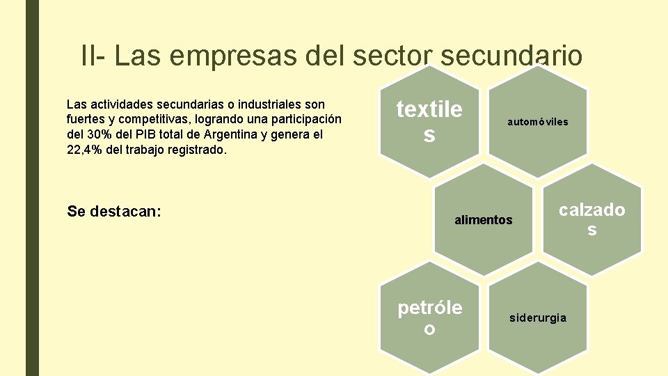 II- Las empresas del sector secundario Las actividades secundarias o industriales son fuertes y
