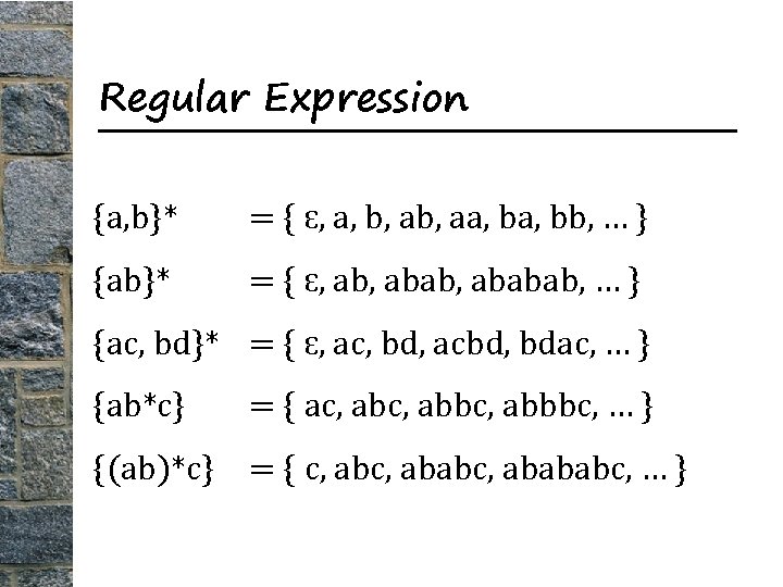 Regular Expression {a, b}* = { Ɛ, a, b, aa, bb, … } {ab}*