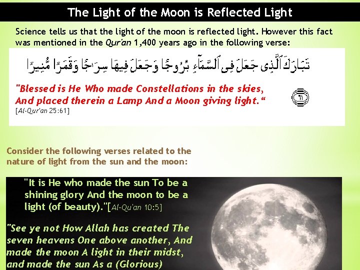 The Light of the Moon is Reflected Light Science tells us that the light