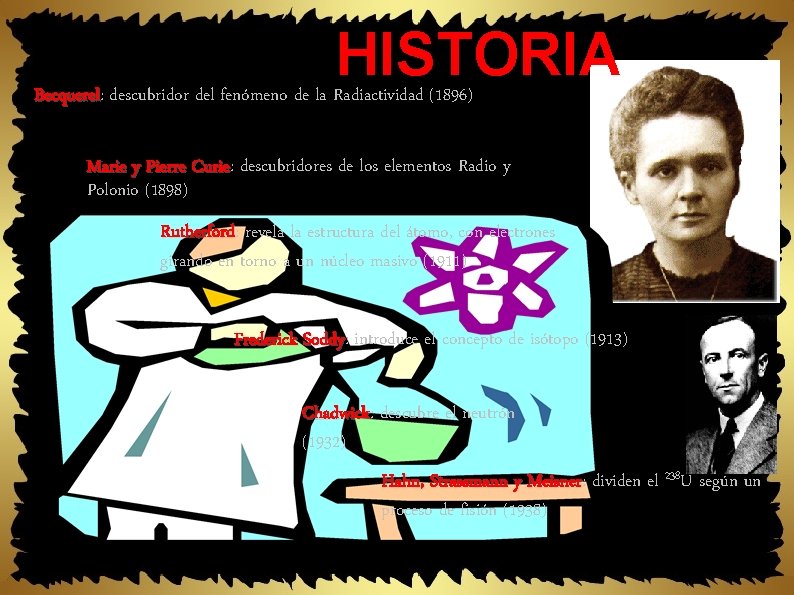 HISTORIA Becquerel: Becquerel descubridor del fenómeno de la Radiactividad (1896) Marie y Pierre Curie: