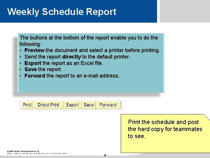 Weekly Schedule Report The buttons at the bottom of the report enable you to