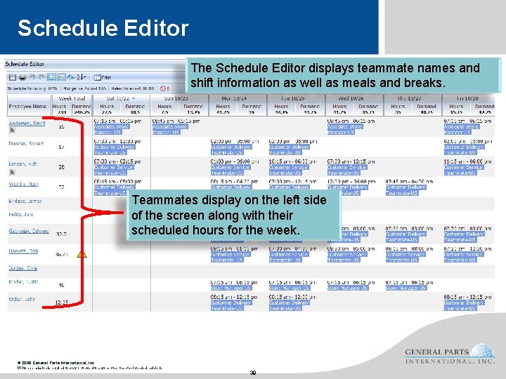 Schedule Editor The Schedule Editor displays teammate names and shift information as well as