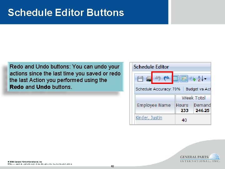 Schedule Editor Buttons Redo and Undo buttons: You can undo your actions since the