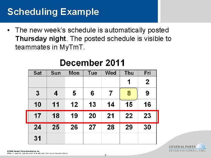 Scheduling Example • The new week’s schedule is automatically posted Thursday night. The posted