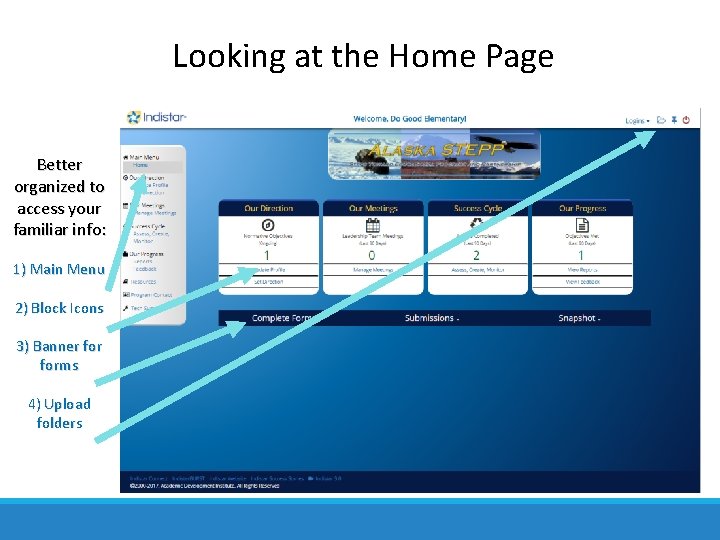 Looking at the Home Page Better organized to access your familiar info: 1) Main