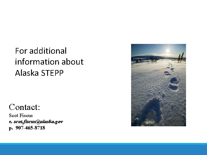 For additional information about Alaska STEPP Contact: Scot Fiscus e. scot. fiscus@alaska. gov p.