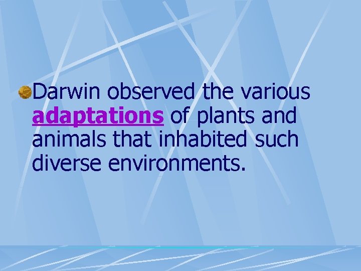 Darwin observed the various adaptations of plants and animals that inhabited such diverse environments.