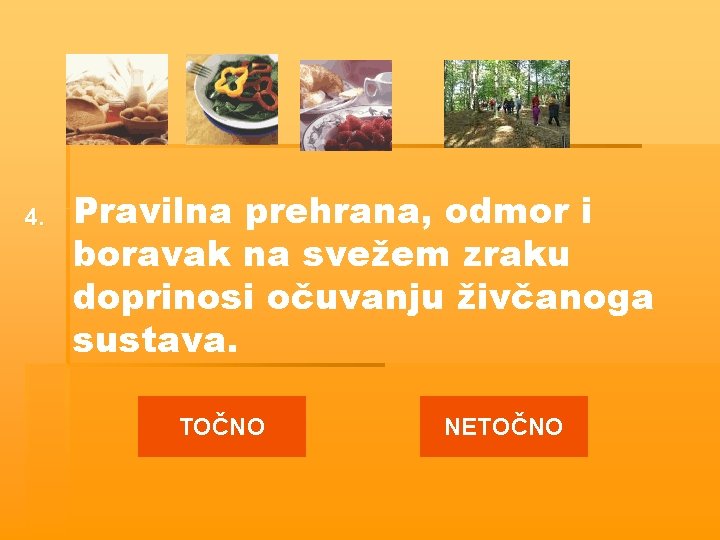 4. Pravilna prehrana, odmor i boravak na svežem zraku doprinosi očuvanju živčanoga sustava. TOČNO