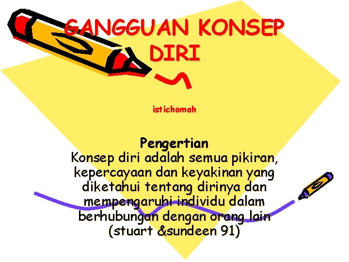 GANGGUAN KONSEP DIRI istichomah Pengertian Konsep diri adalah semua pikiran, kepercayaan dan keyakinan yang